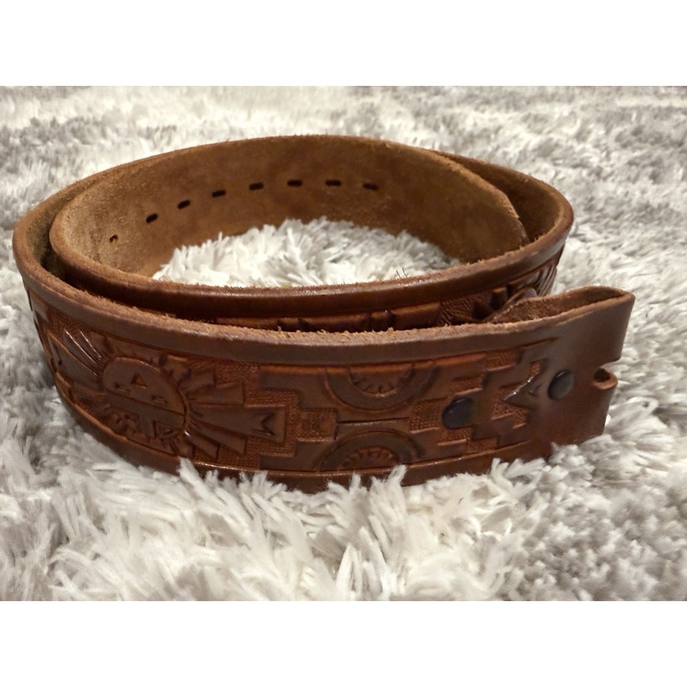 Vtg 70s Hand Tooled Leather Western Belt 34 Southwest Aztec Sunface USA Blank